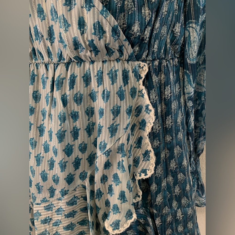 Hemant & Nandita  Dress Size L Kaiyo Long Sleeve Blue Silver Metallic Wrap Mini - Picture 3 of 15